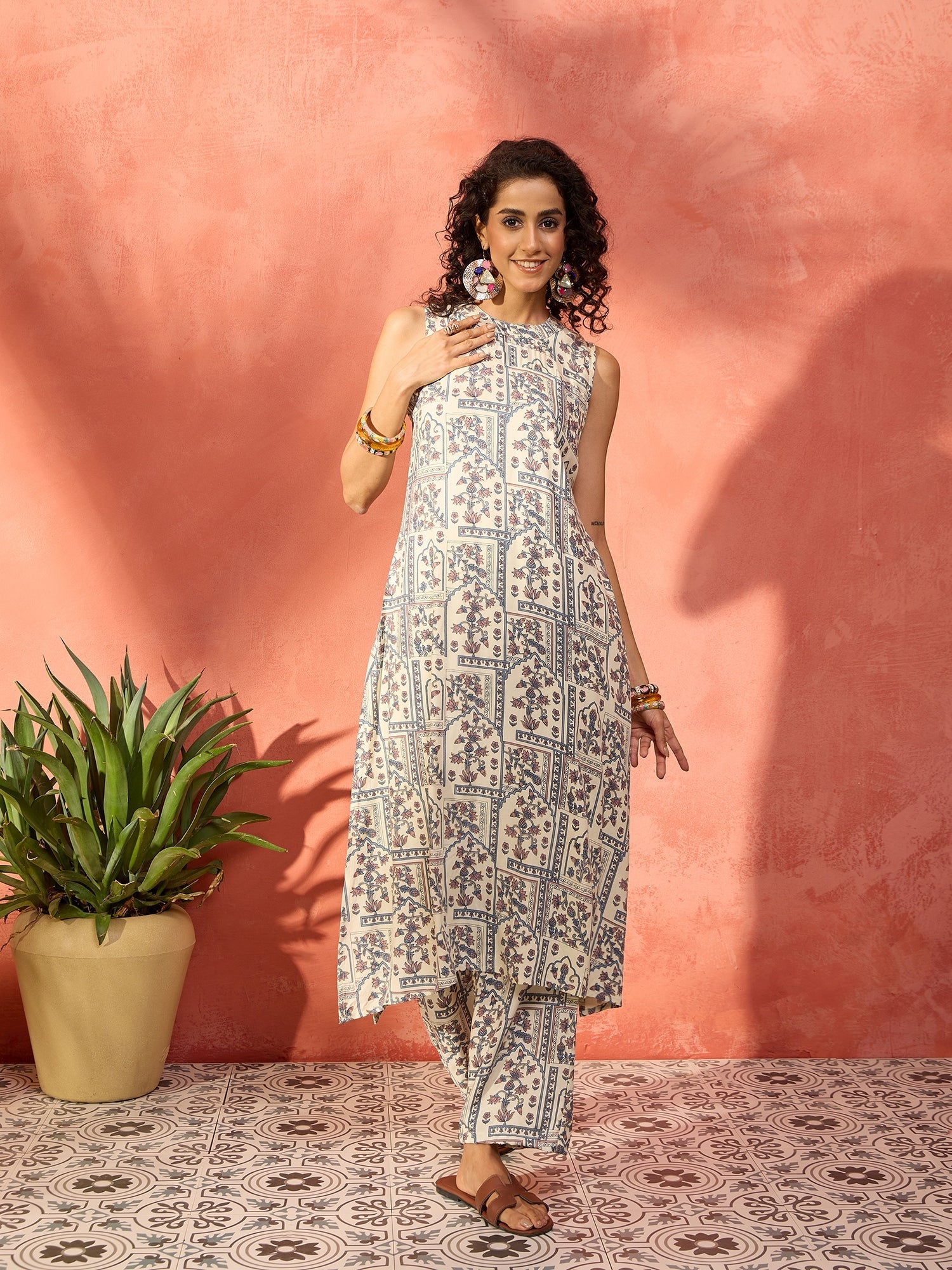 Women's Cadet Blue Ethnic Halter Neck Kurta Set - InWeave