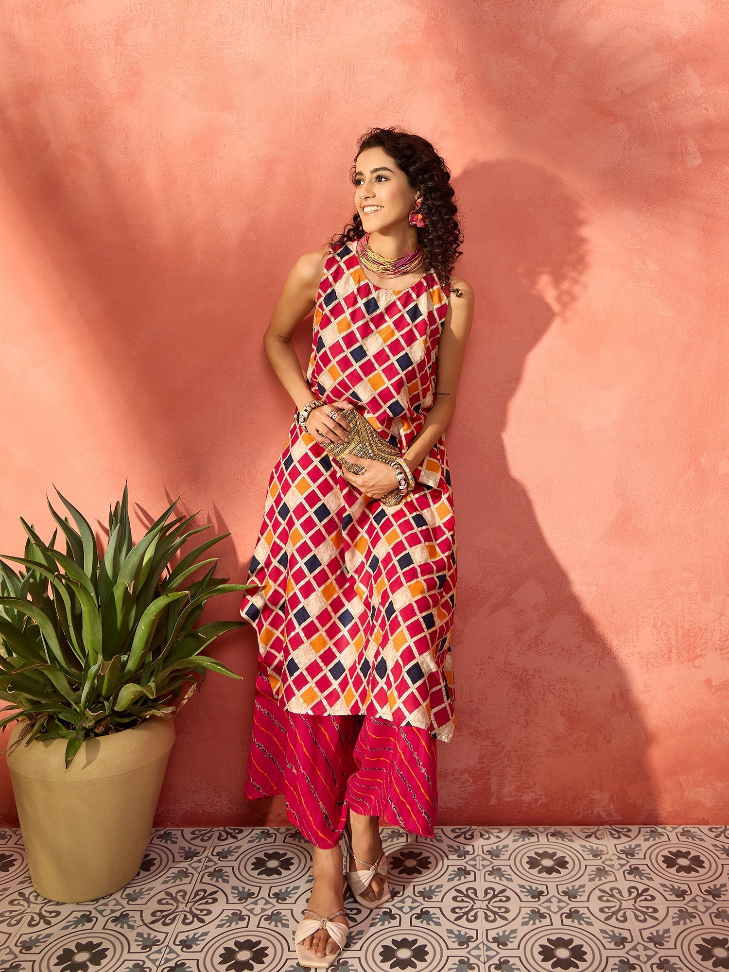 Women's Fuchsia Multi Check Foil R Neck Kurta Leh Palazzo Set - InWeave