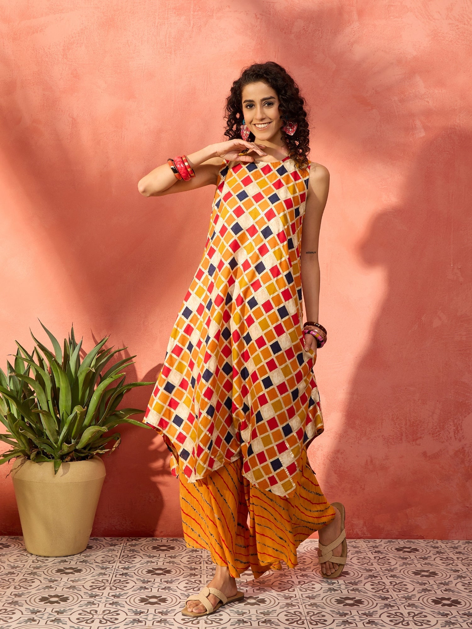 Women's Mustard Multi Check Foil R Neck Kurta Amber Leh Palazzo Set - InWeave