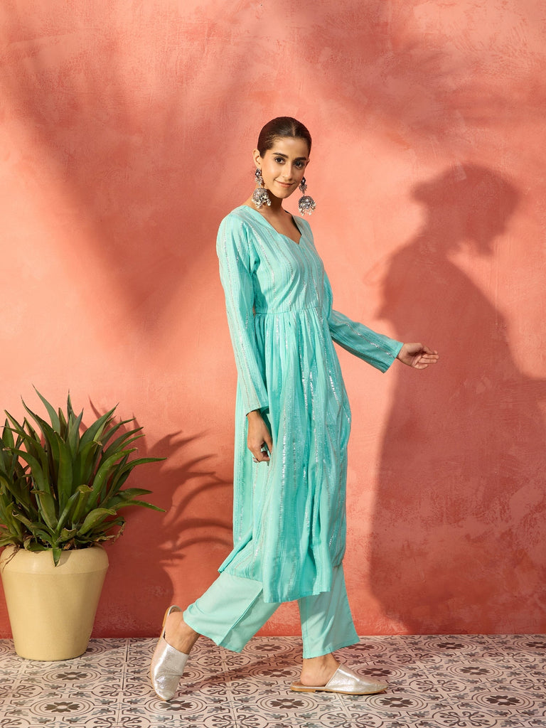Women's Mint Green Lurex Sweetheart Neck Short Kurta Pant Set