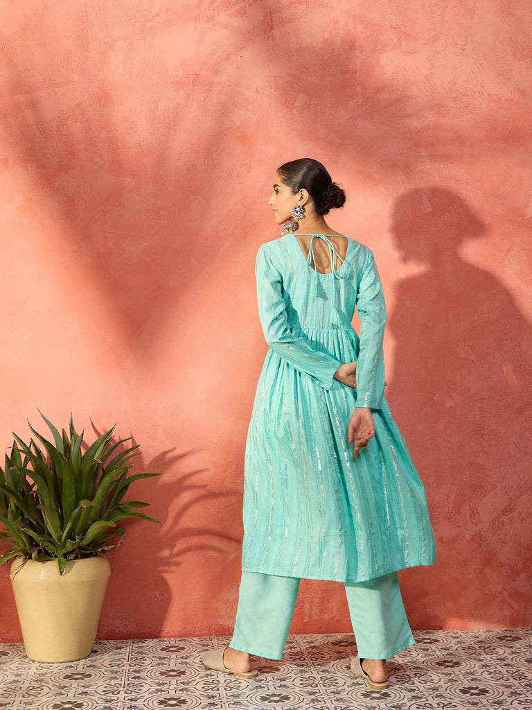 Women's Mint Green Lurex Sweetheart Neck Short Kurta Pant Set