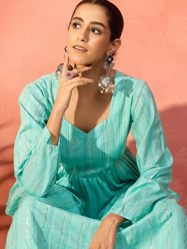 Women's Mint Green Lurex Sweetheart Neck Short Kurta Pant Set