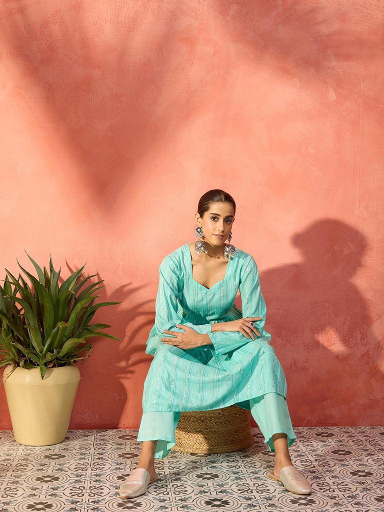 Women's Mint Green Lurex Sweetheart Neck Short Kurta Pant Set