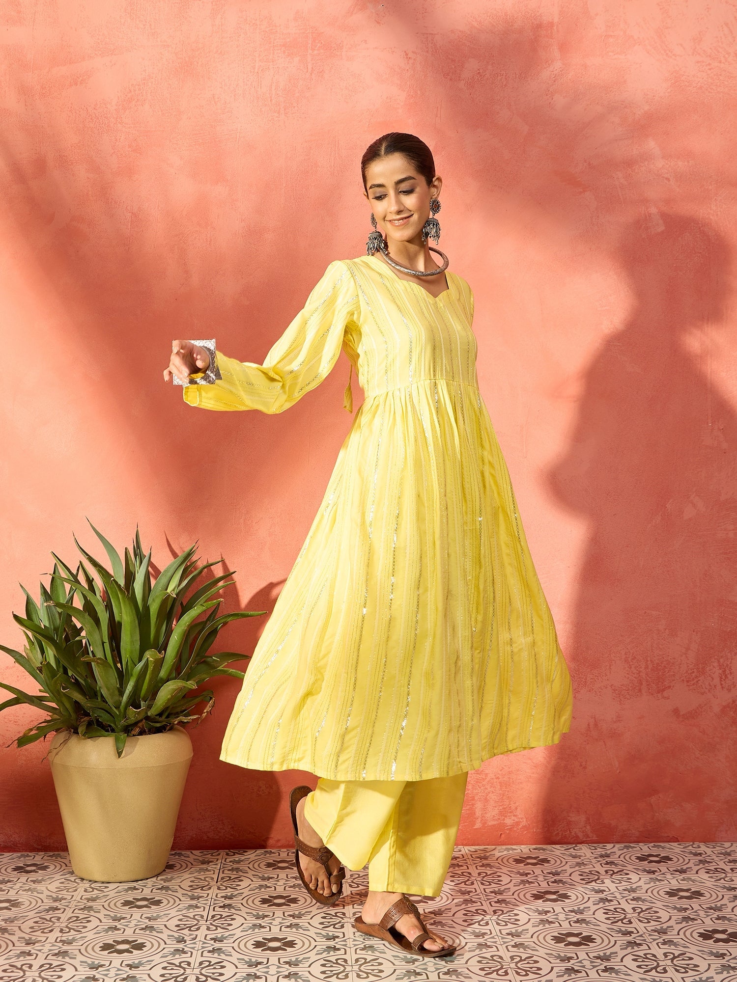 Women's Sunshine Yellow Lurex Sweetheart Neck Short Kurta Pant Set - InWeave