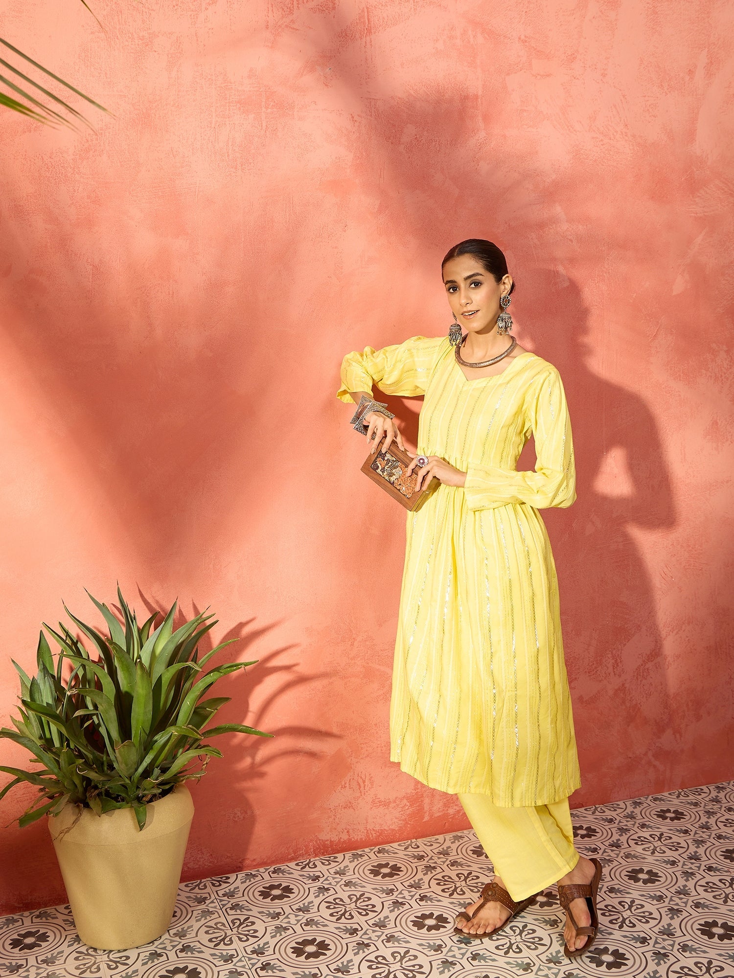 Women's Sunshine Yellow Lurex Sweetheart Neck Short Kurta Pant Set - InWeave