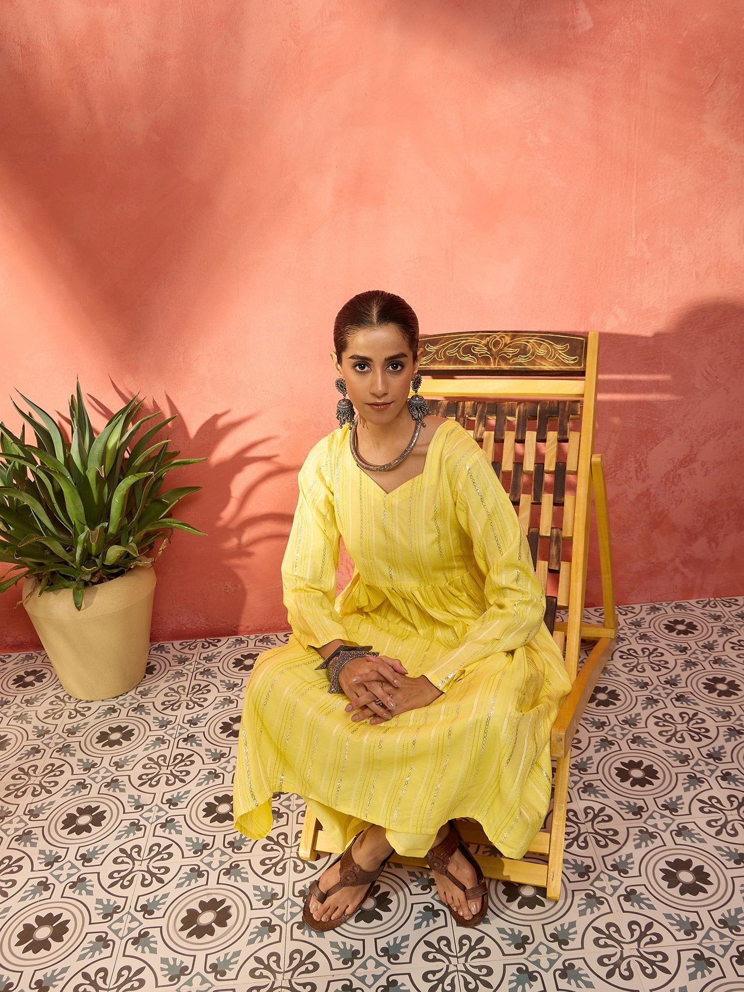 Women's Sunshine Yellow Lurex Sweetheart Neck Short Kurta Pant Set - InWeave