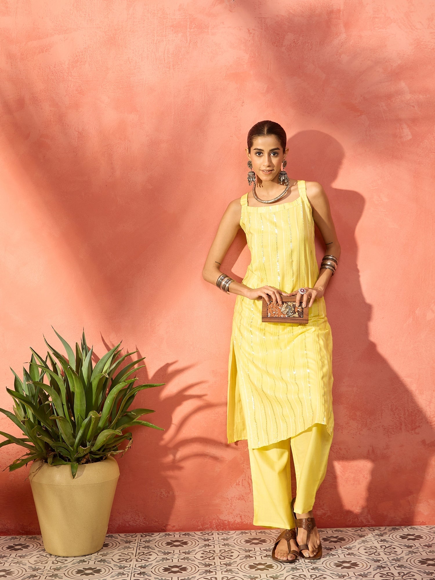 Women's Sunshine Yellow Lurex Thick Strappy Straight Kurta Pant Set - InWeave