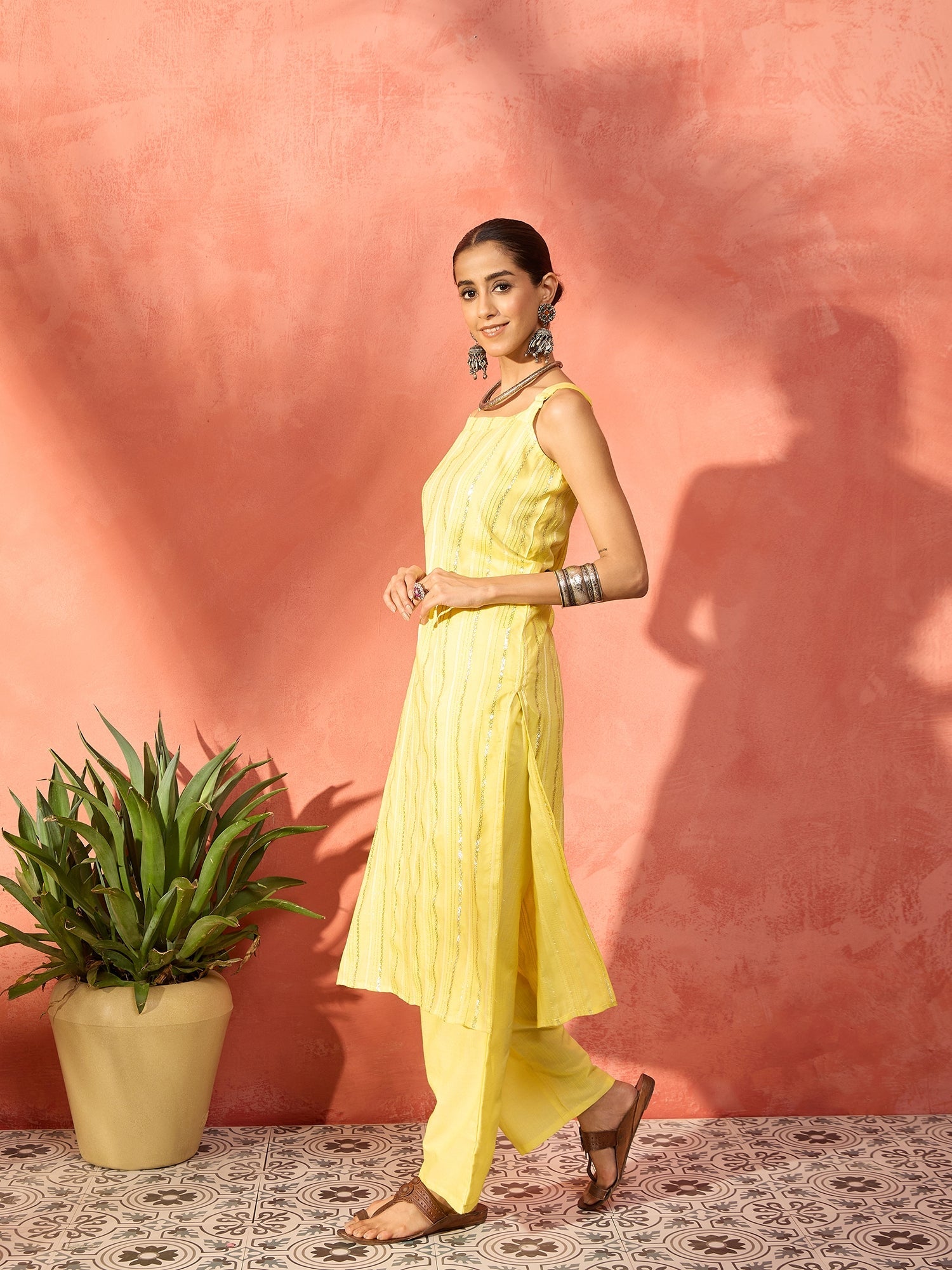 Women's Sunshine Yellow Lurex Thick Strappy Straight Kurta Pant Set - InWeave