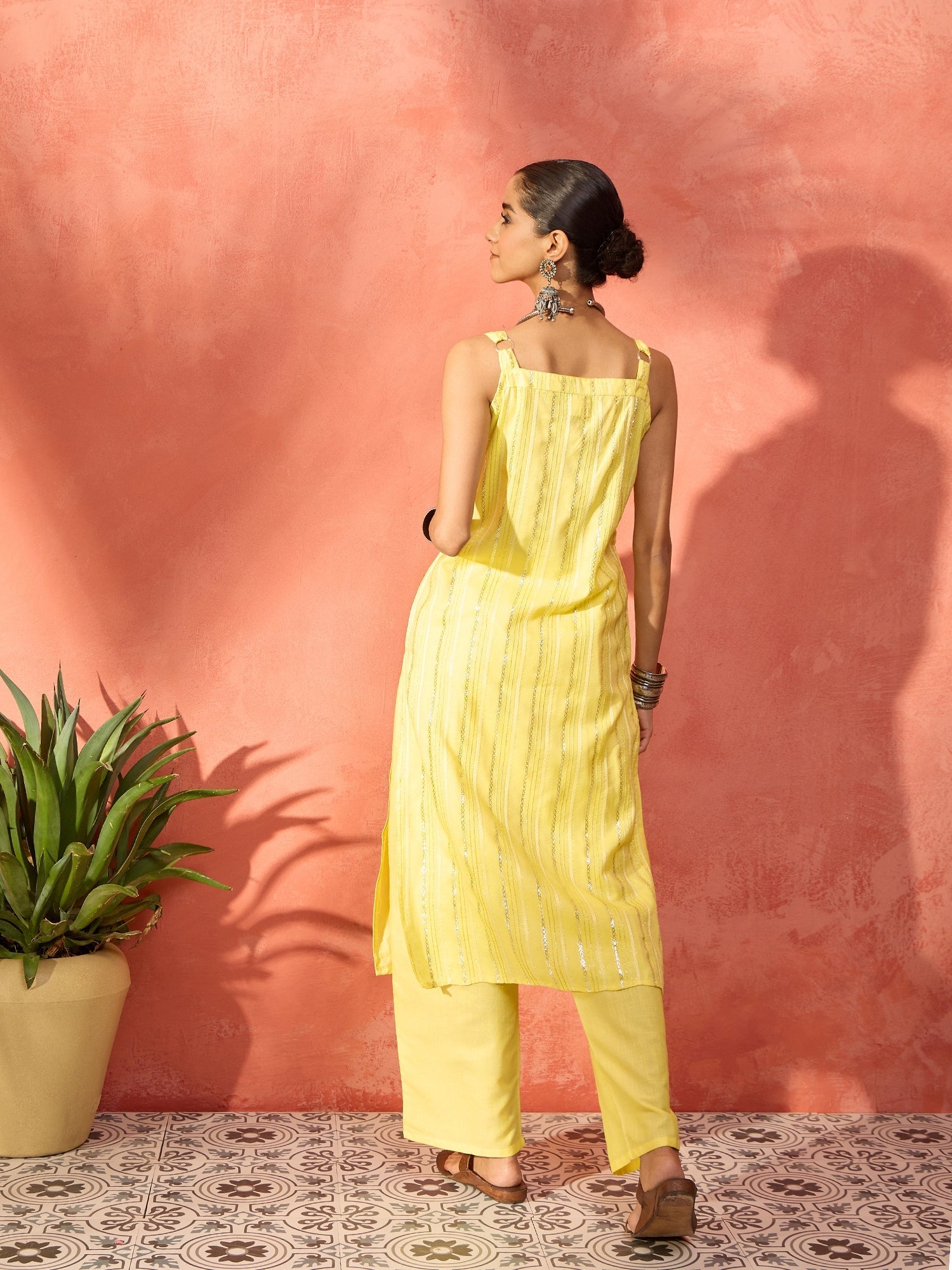 Women's Sunshine Yellow Lurex Thick Strappy Straight Kurta Pant Set - InWeave