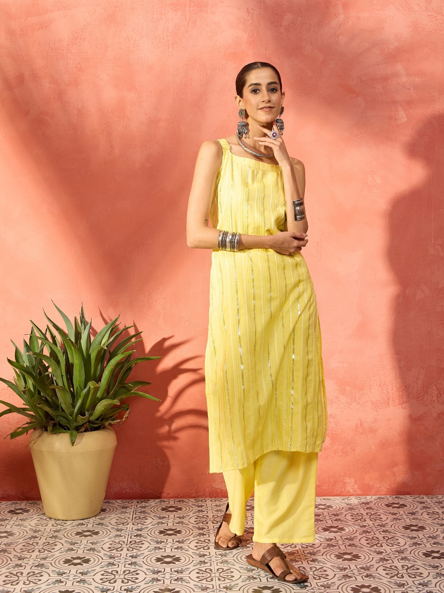 Women's Sunshine Yellow Lurex Thick Strappy Straight Kurta Pant Set - InWeave