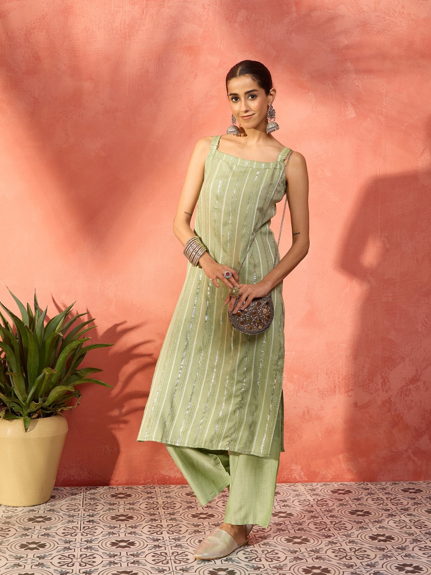 Women's Light Green Lurex Thick Strappy Straight Kurta Pant Set - InWeave