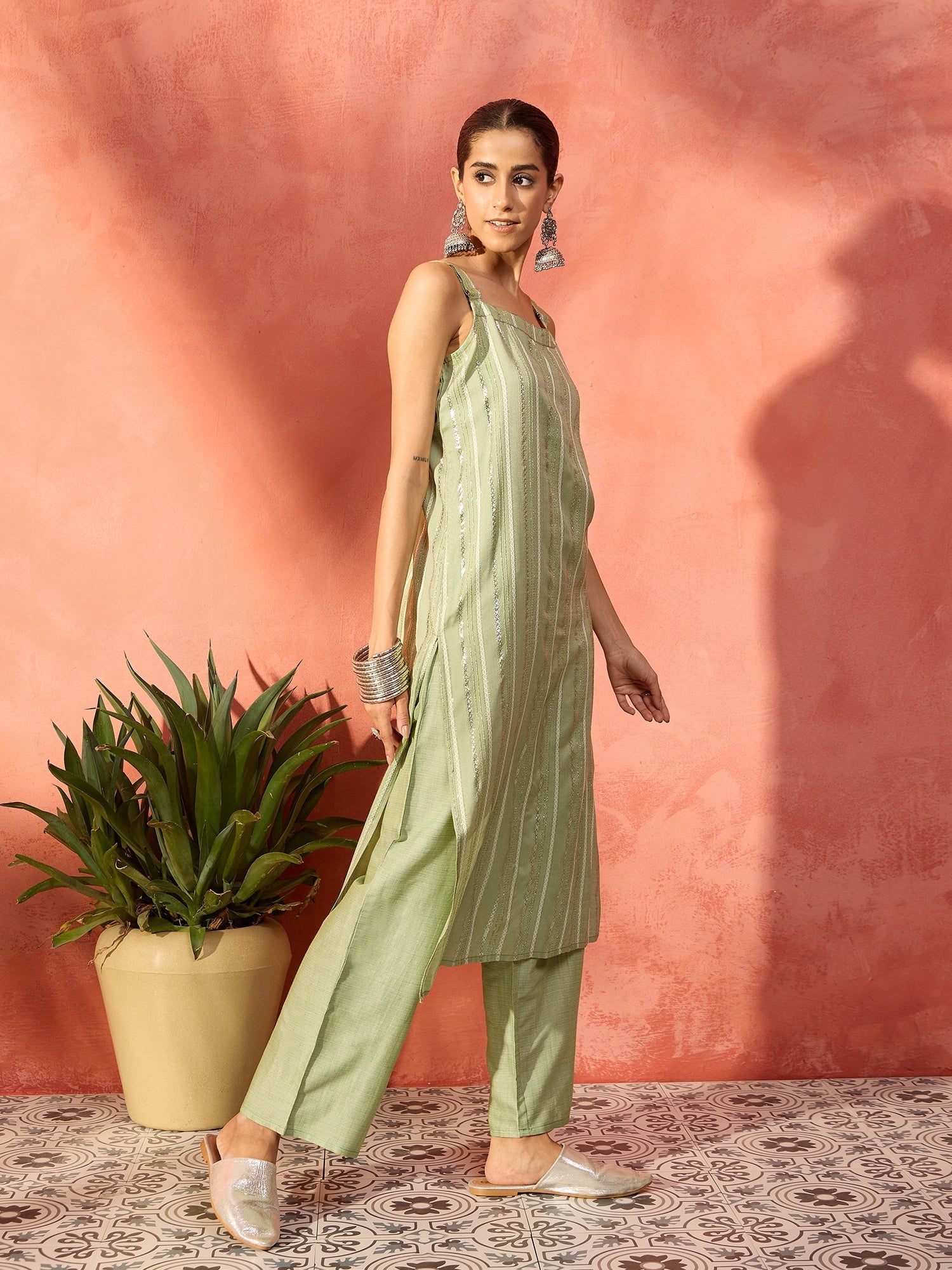 Women's Light Green Lurex Thick Strappy Straight Kurta Pant Set - InWeave