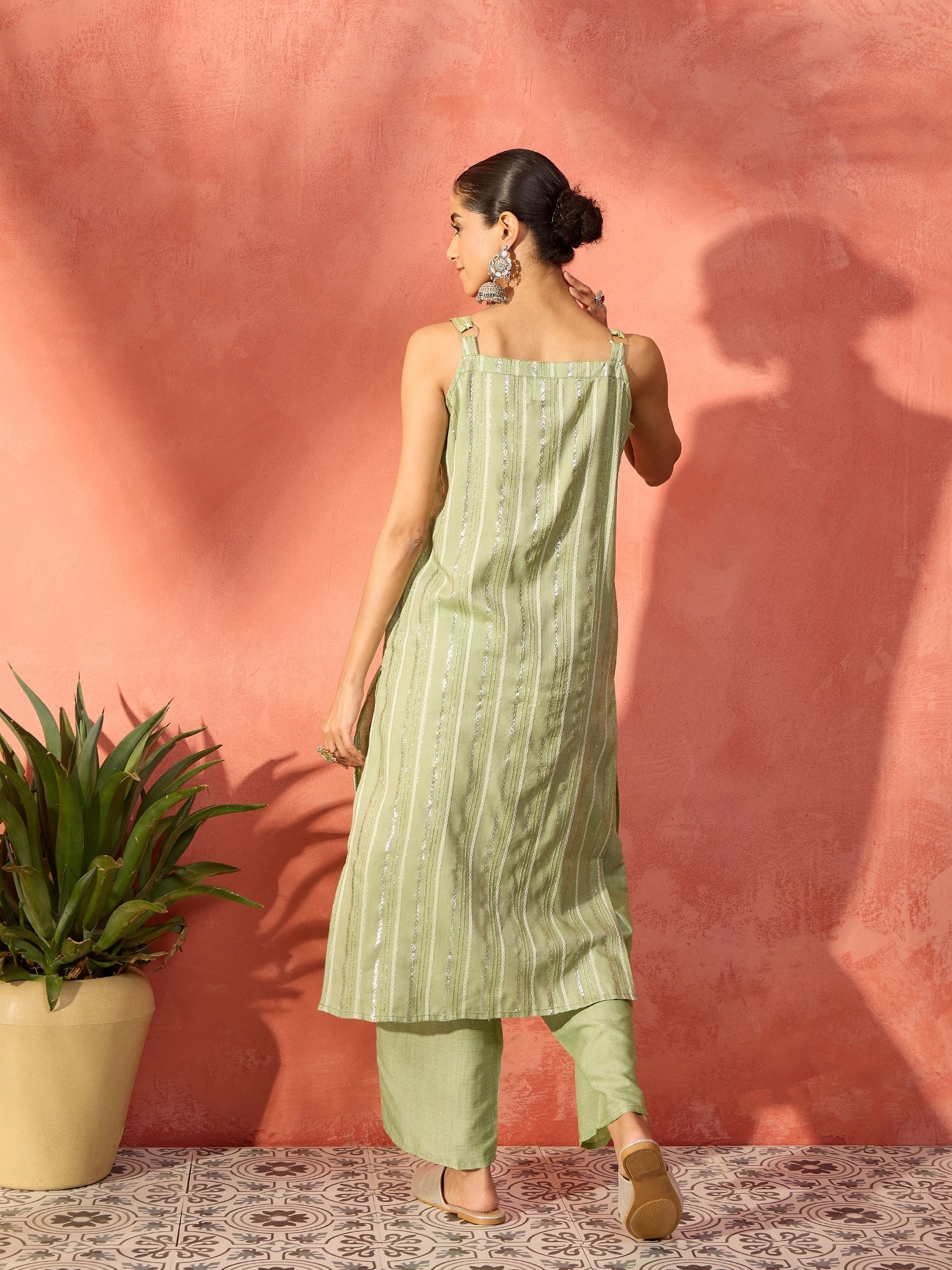 Women's Light Green Lurex Thick Strappy Straight Kurta Pant Set - InWeave