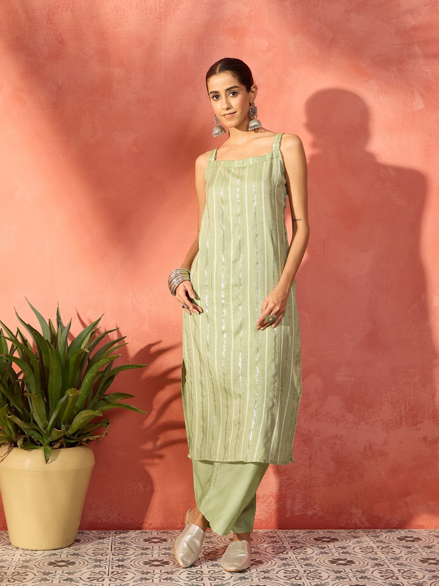 Women's Light Green Lurex Thick Strappy Straight Kurta Pant Set - InWeave