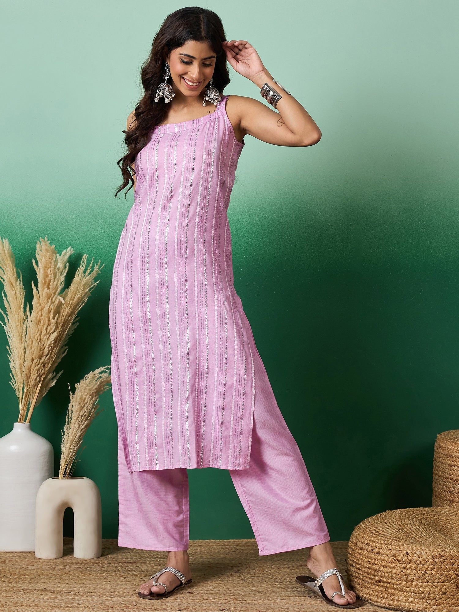 Women's Lavender Lurex Thick Strappy Straight Kurta Pant Set - InWeave