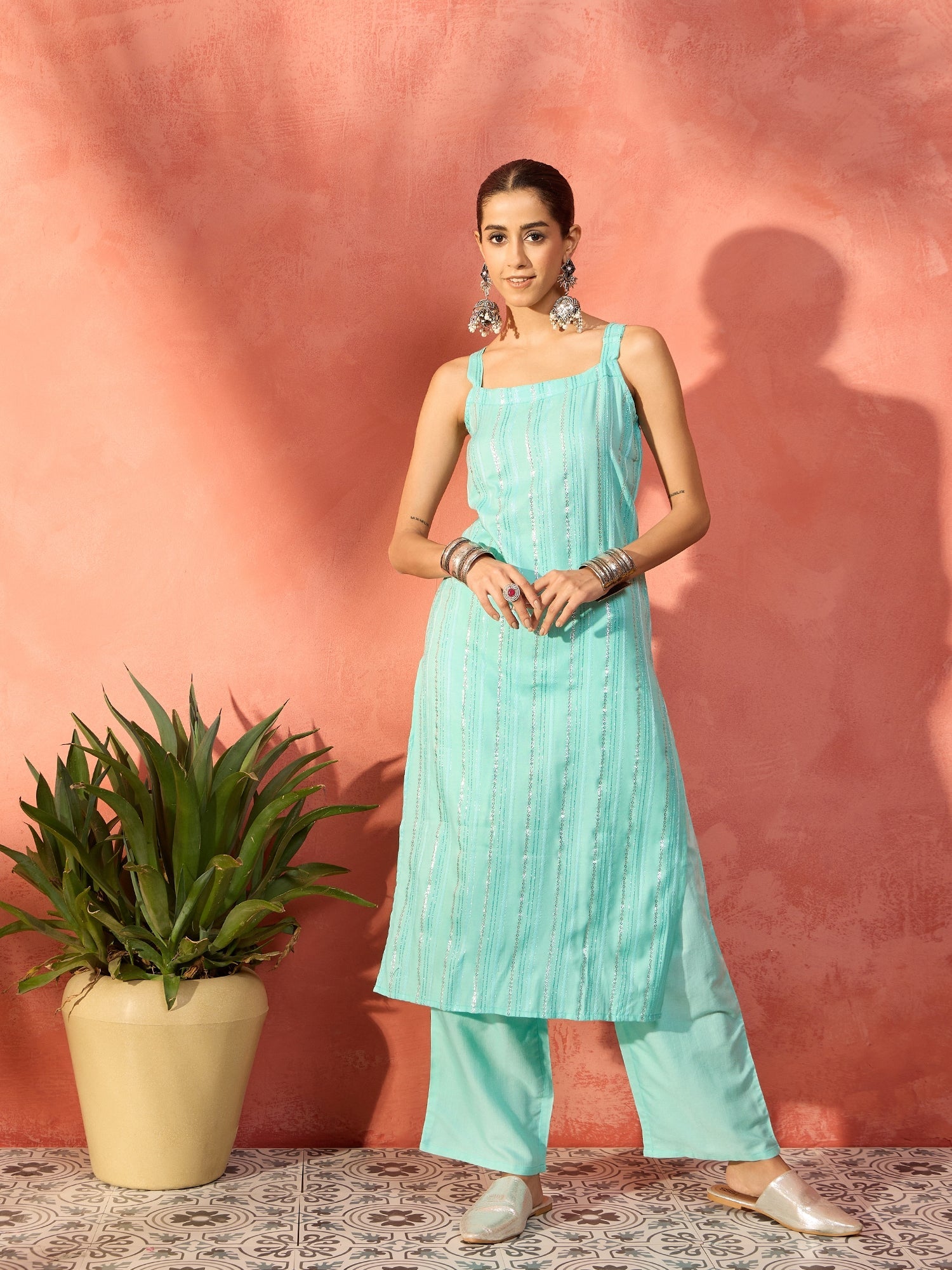 Women's Mint Blue Lurex Thick Strappy Straight Kurta Pant Set - InWeave