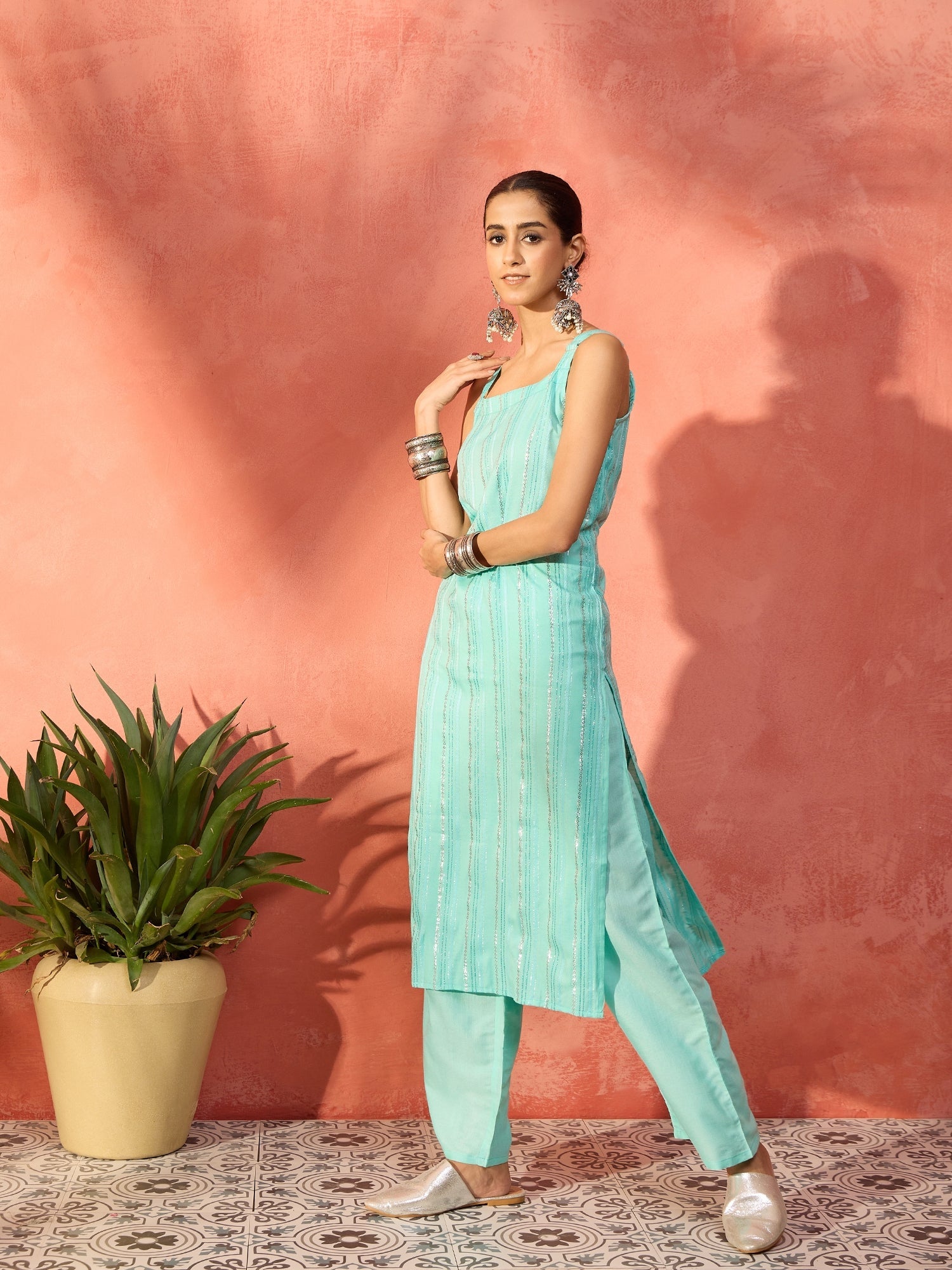 Women's Mint Blue Lurex Thick Strappy Straight Kurta Pant Set - InWeave