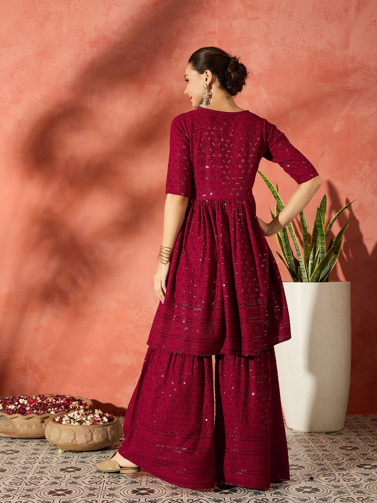 Women's Barn Red Chikankari Anarkali Kurta Set - InWeave