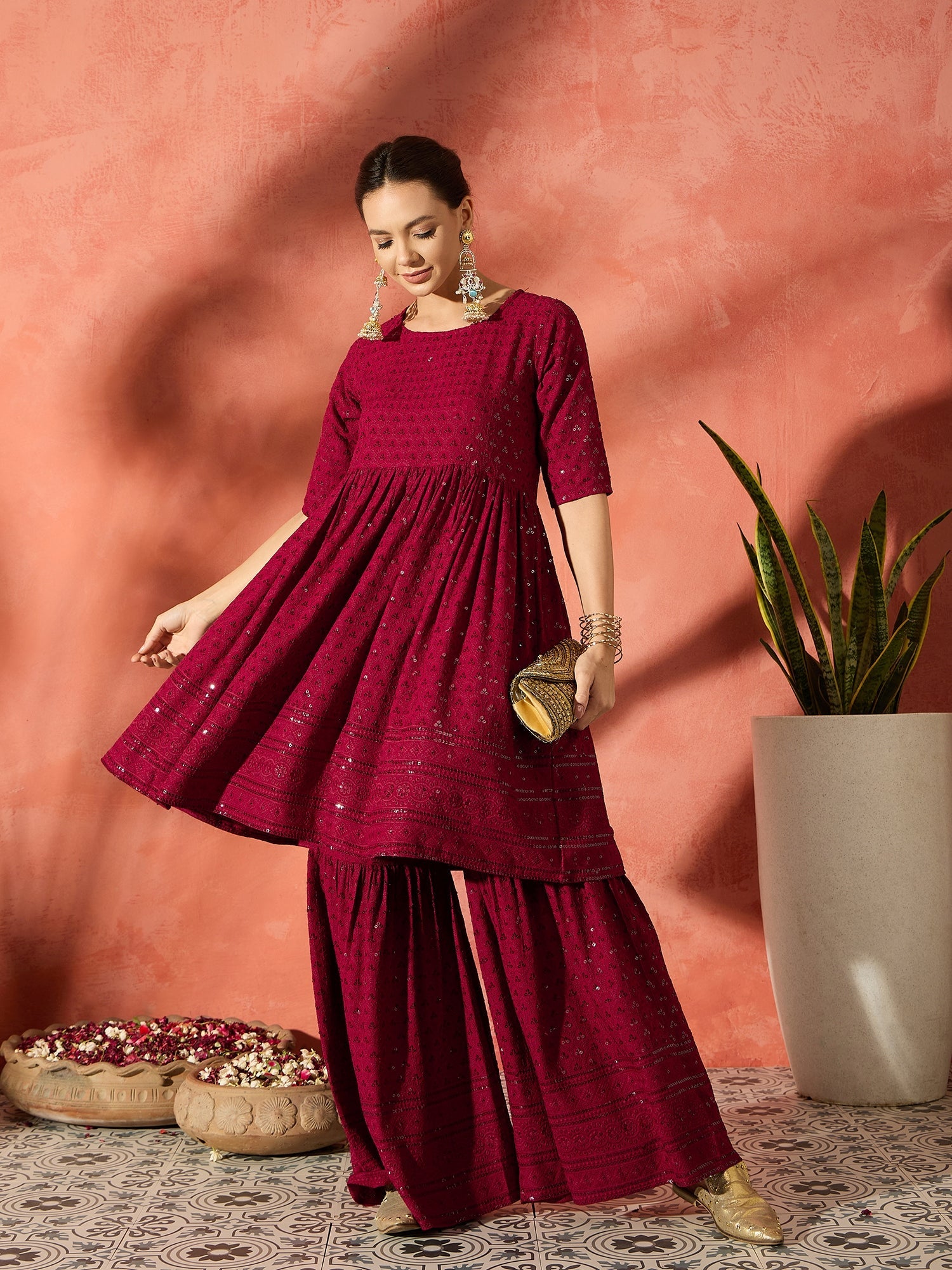 Women's Barn Red Chikankari Anarkali Kurta Set - InWeave