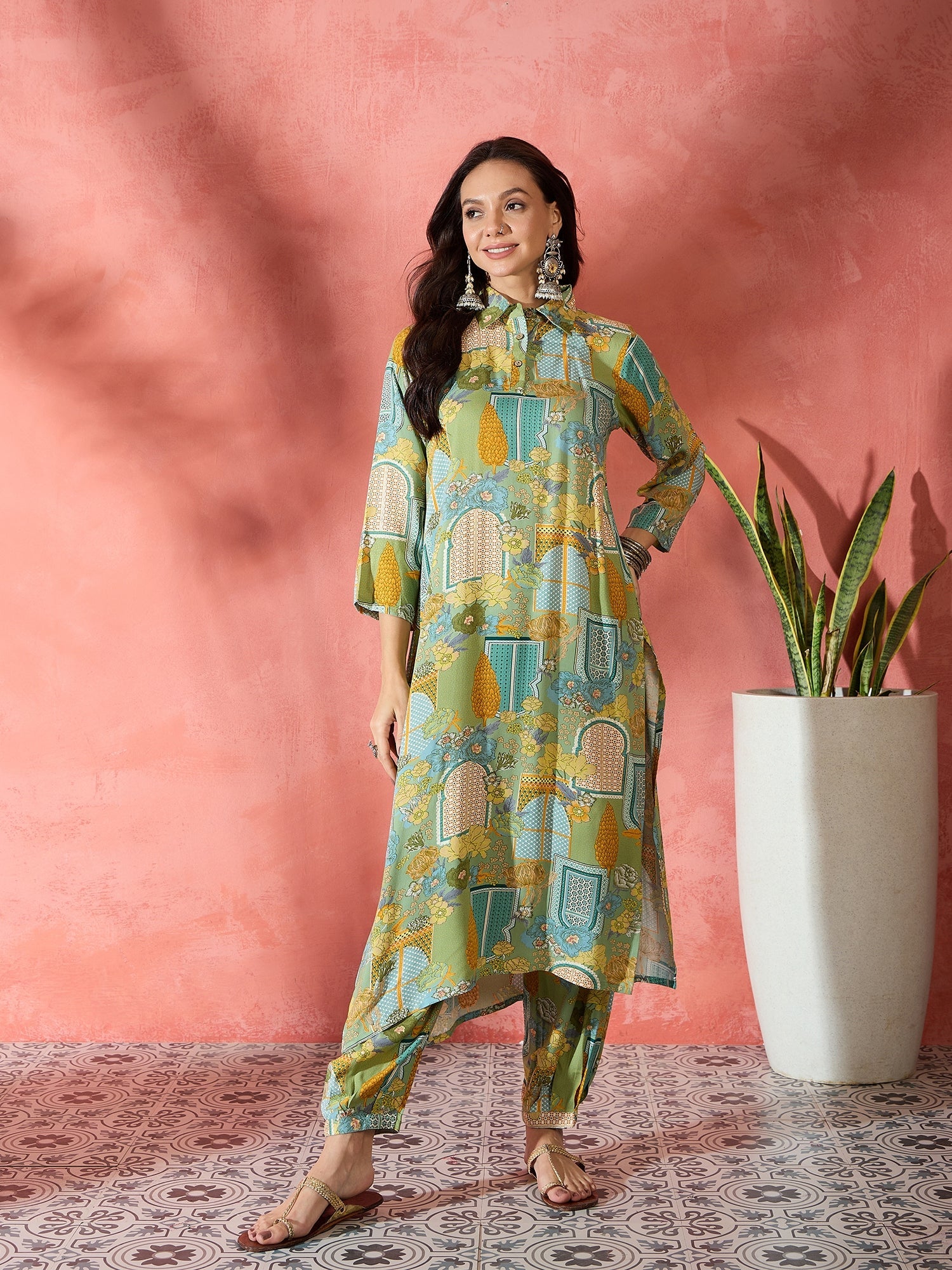 Women's Pear Green Window Print Collar Kurta Salwar Set - InWeave