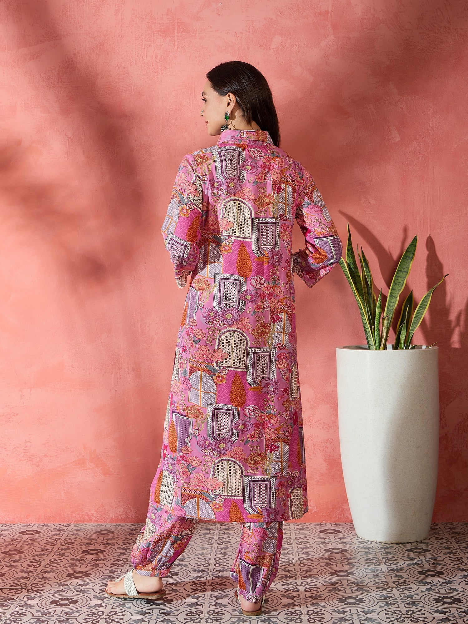 Women's Pink Window Print Collar Kurta Salwar Set - InWeave