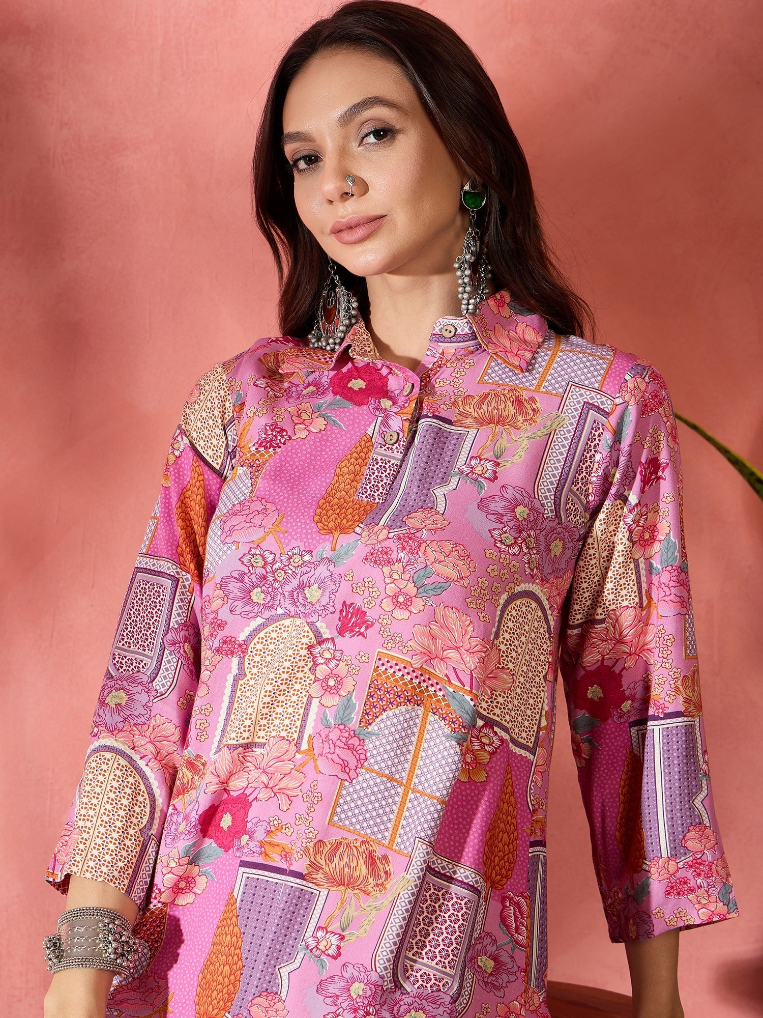 Women's Pink Window Print Collar Kurta Salwar Set - InWeave