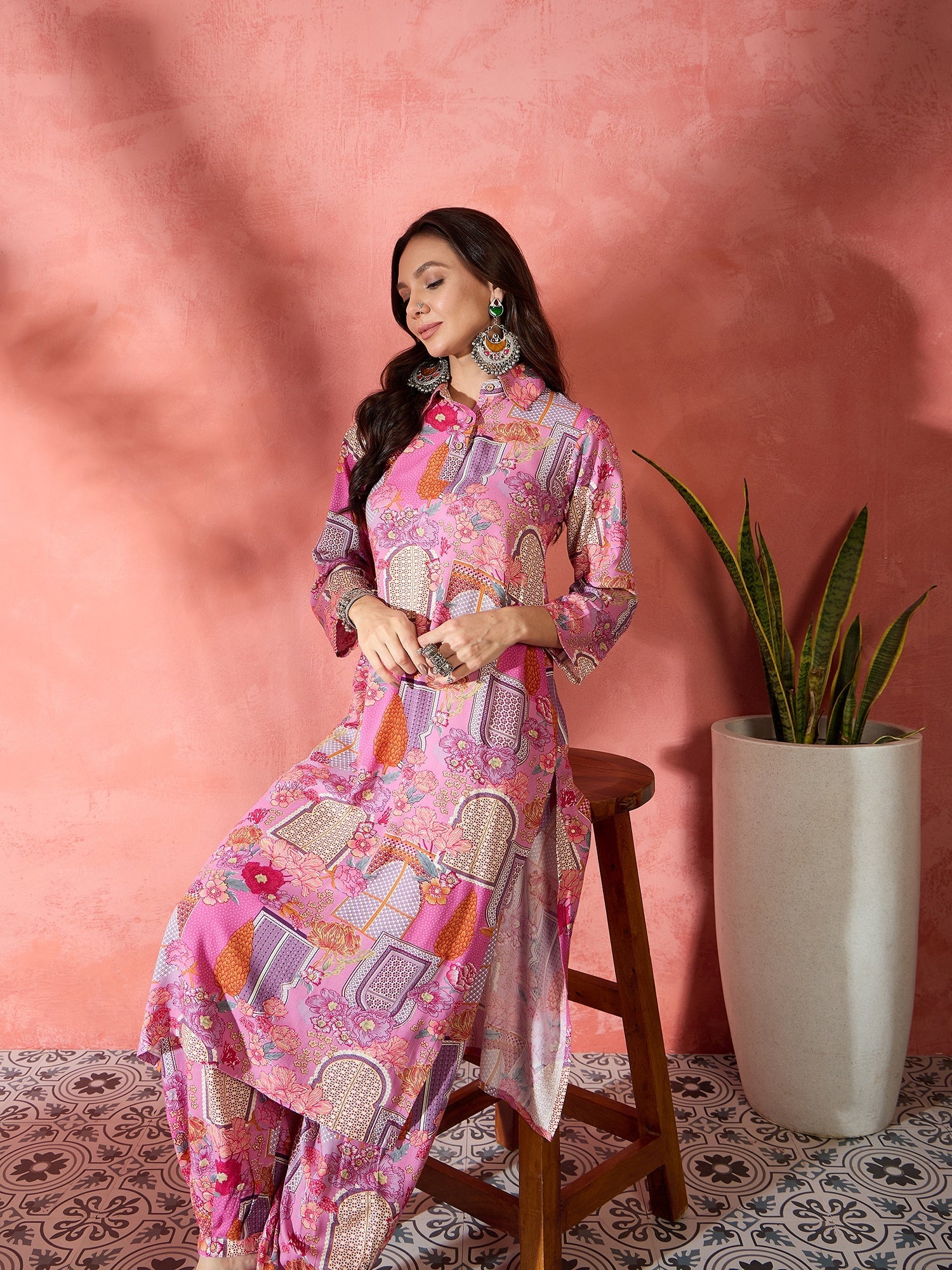 Women's Pink Window Print Collar Kurta Salwar Set - InWeave