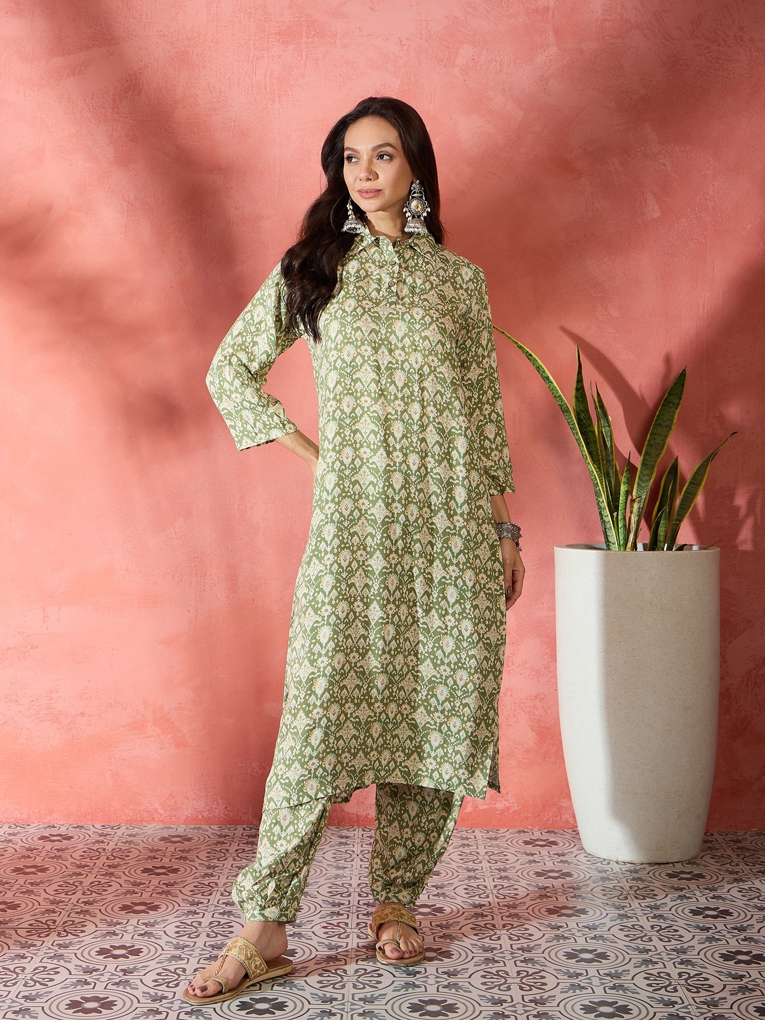 Women's Apple Green Ikkat Foil Collar Kurta Salwar Set - InWeave