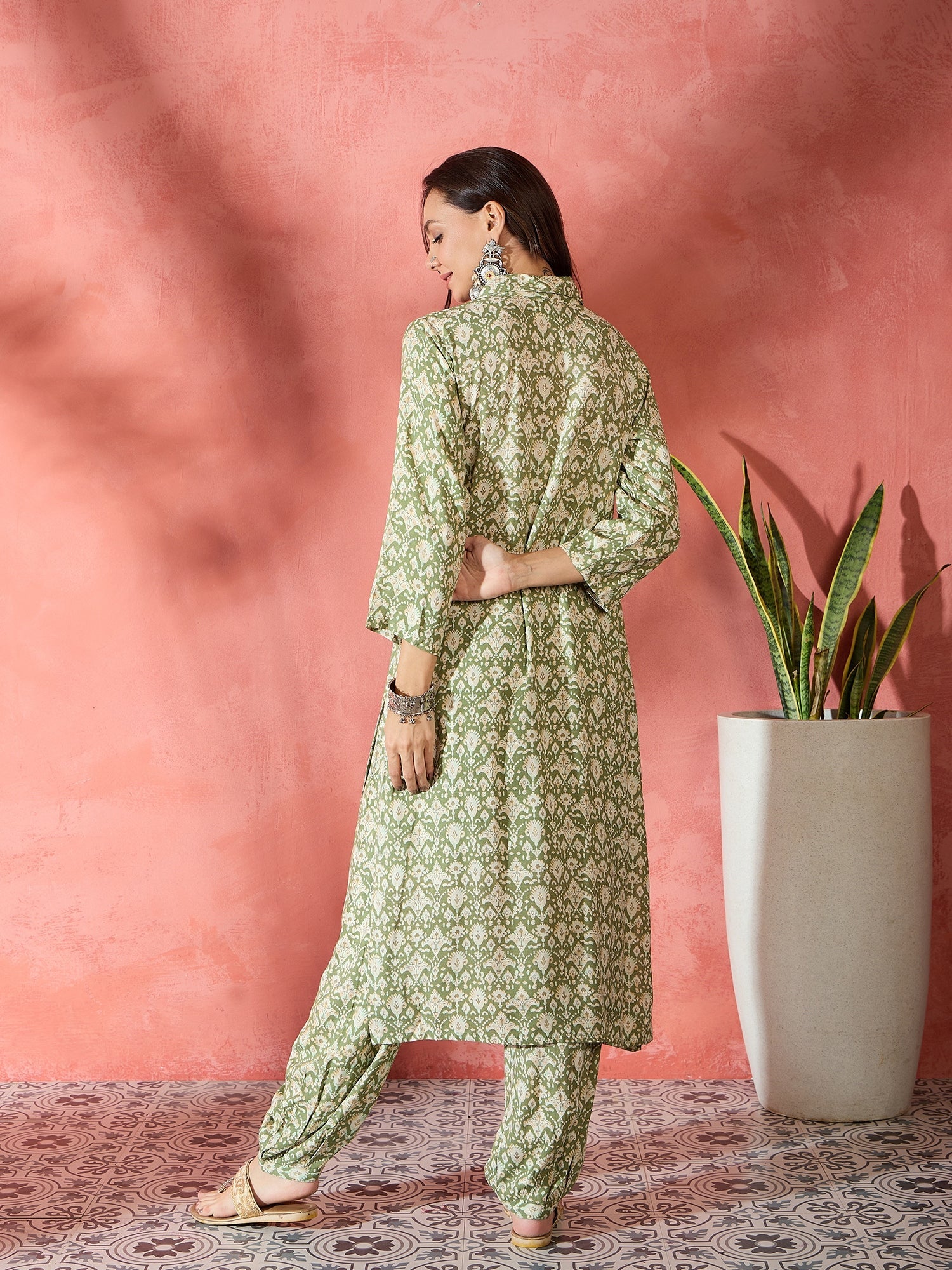 Women's Apple Green Ikkat Foil Collar Kurta Salwar Set - InWeave