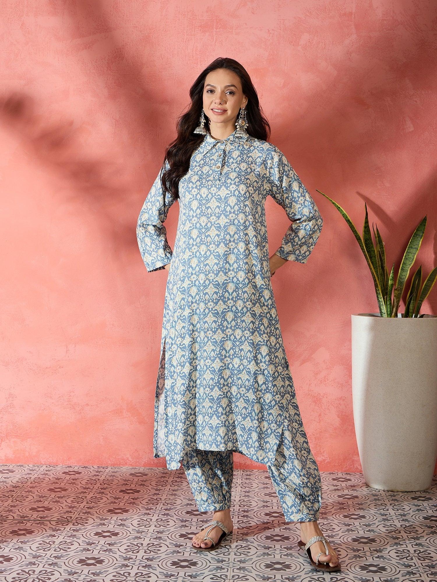 Women's Powder Blue Ikkat Foil Collar Kurta Salwar Set - InWeave