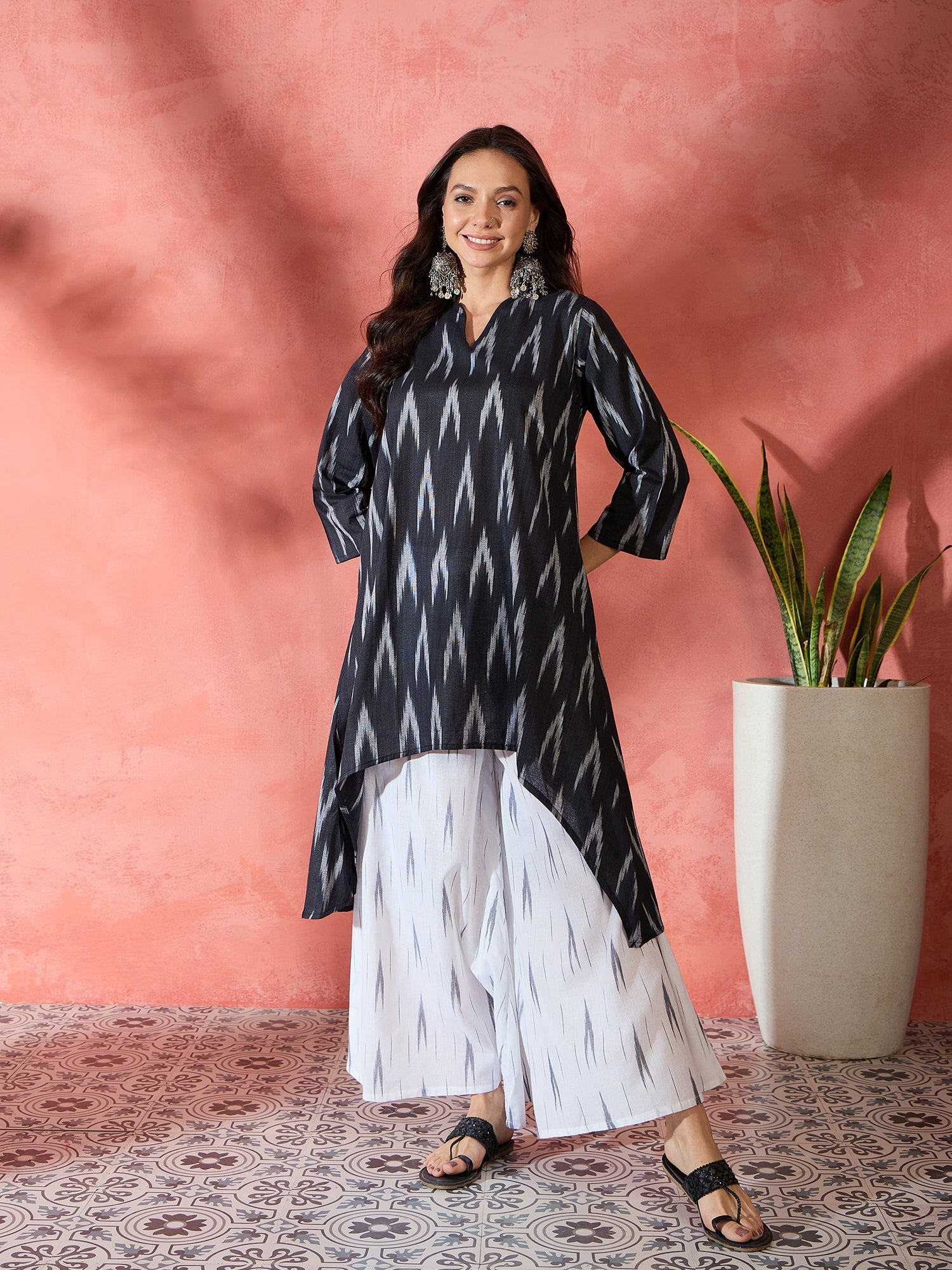 Women's Black White Ikkat Manderian Neck High Low Kurta Set - InWeave