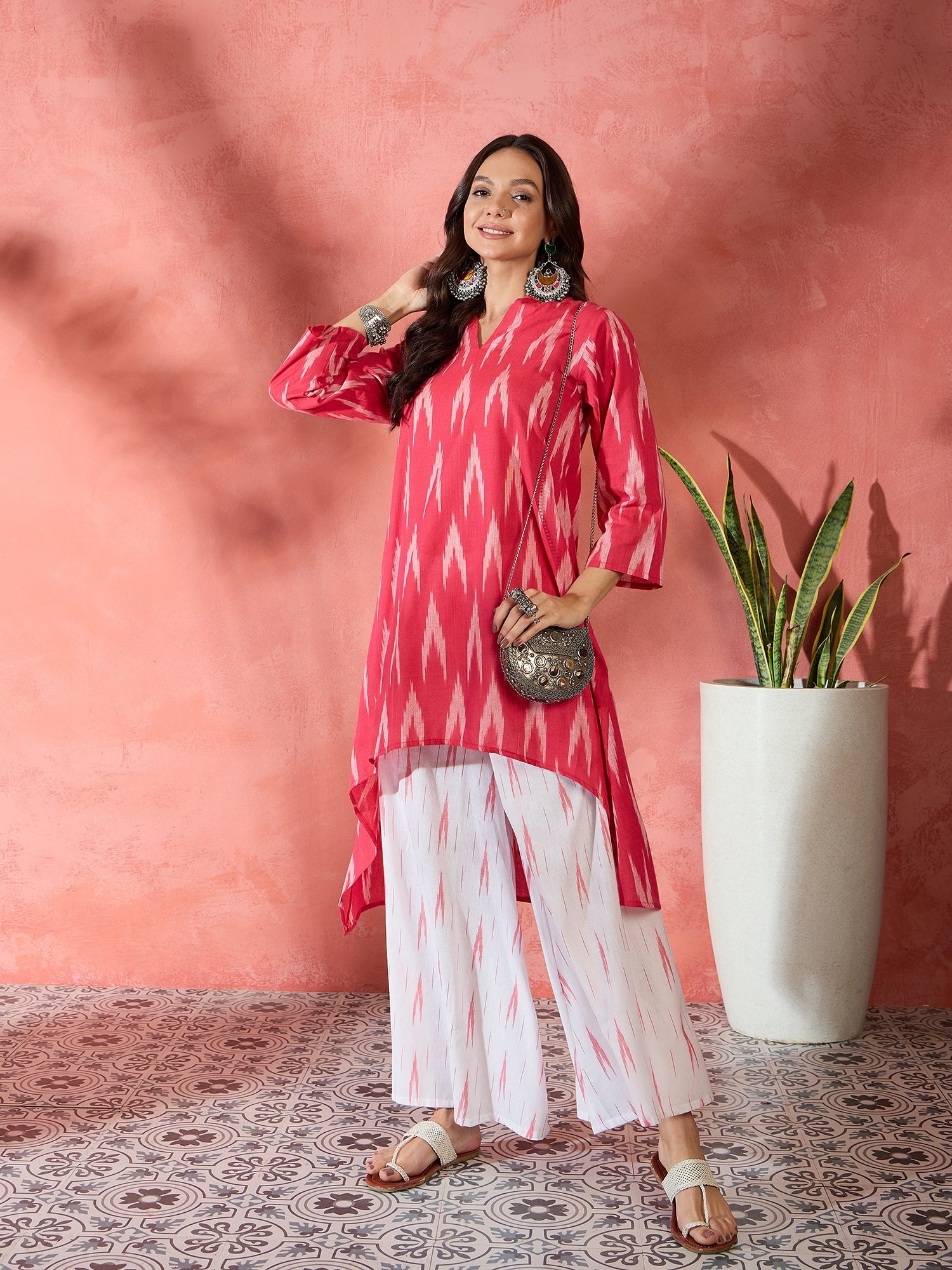 Women's Red White Ikkat Manderian Neck High Low Kurta Set - InWeave