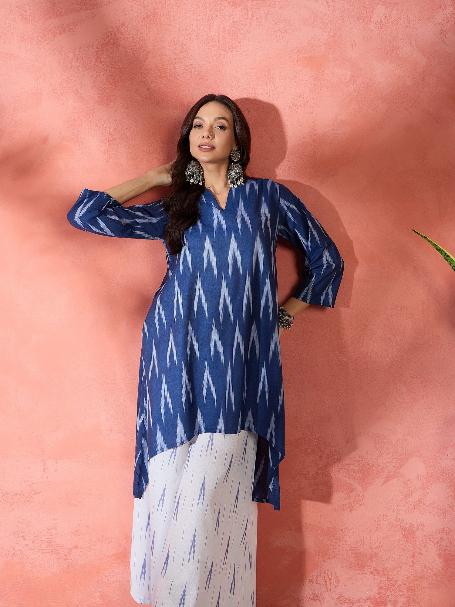 Women's Blue White Ikkat Manderian Neck High Low Kurta Set - InWeave