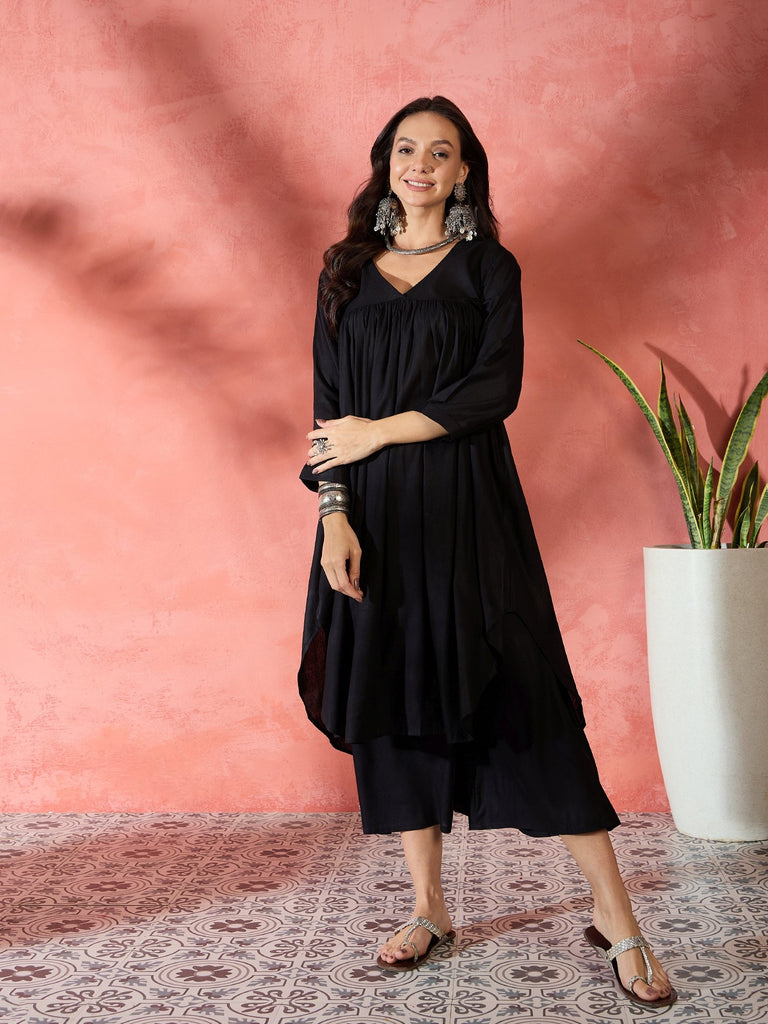 Women's Black V-Neck Flared Kurta Short Palazzo Set