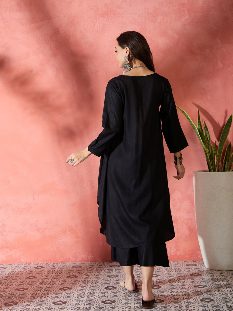 Women's Black V-Neck Flared Kurta Short Palazzo Set