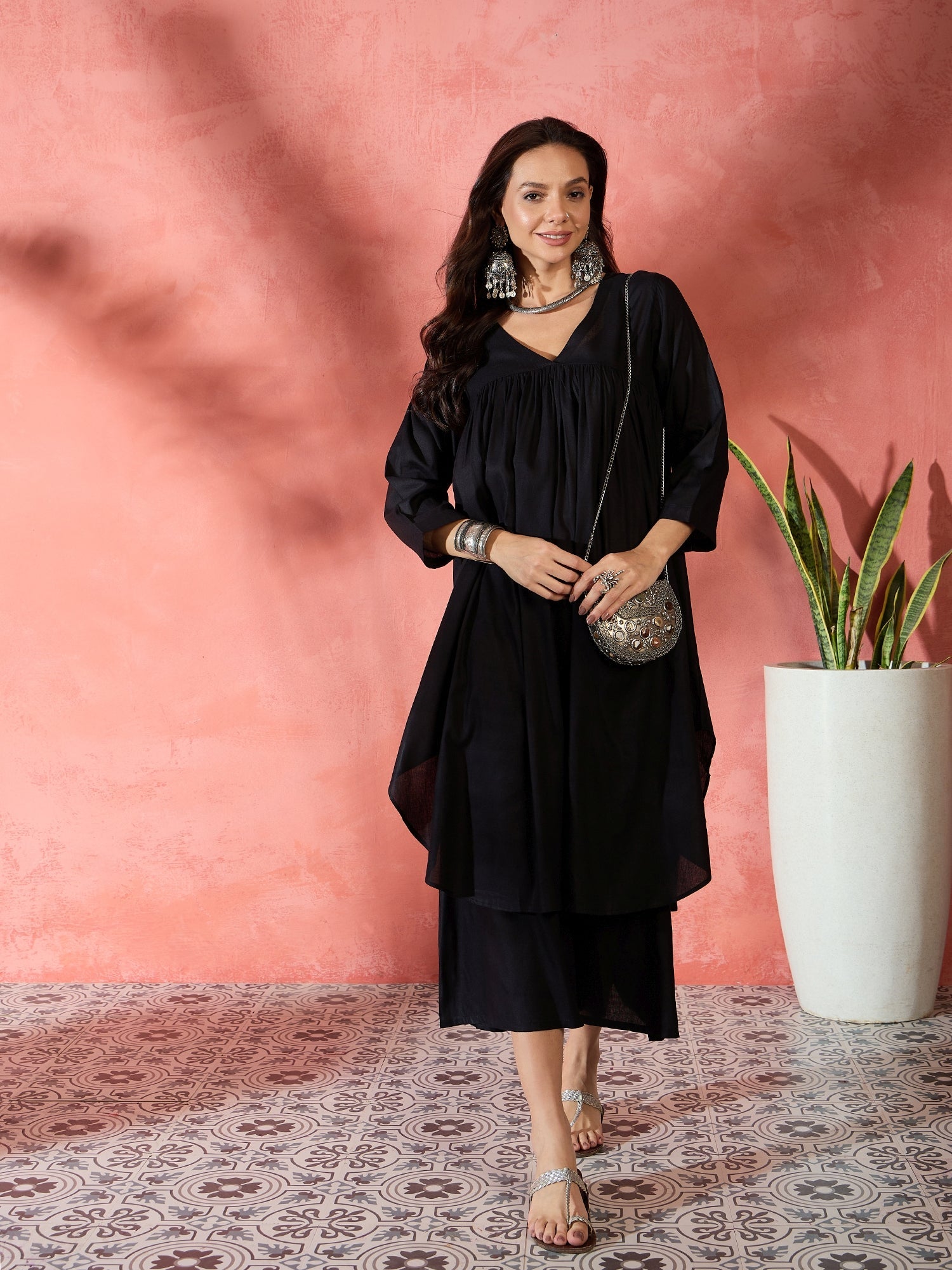 Women's Black V-Neck Flared Kurta Short Palazzo Set - InWeave