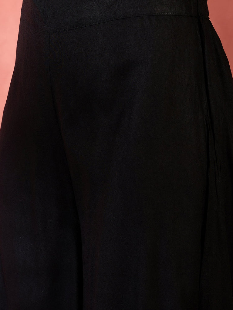 Women's Black V-Neck Flared Kurta Short Palazzo Set