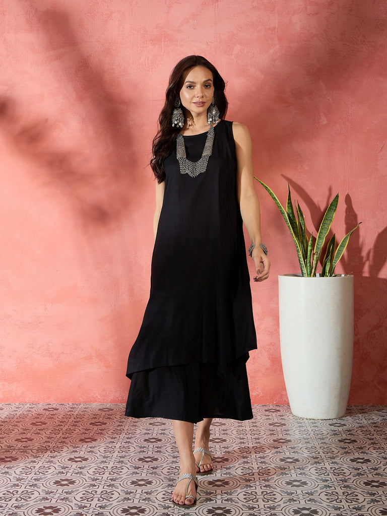 Women's Black Kurta Short Palazzo Set