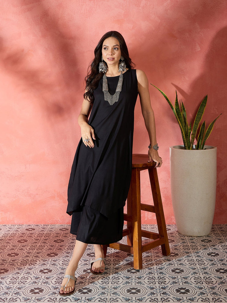 Women's Black Kurta Short Palazzo Set