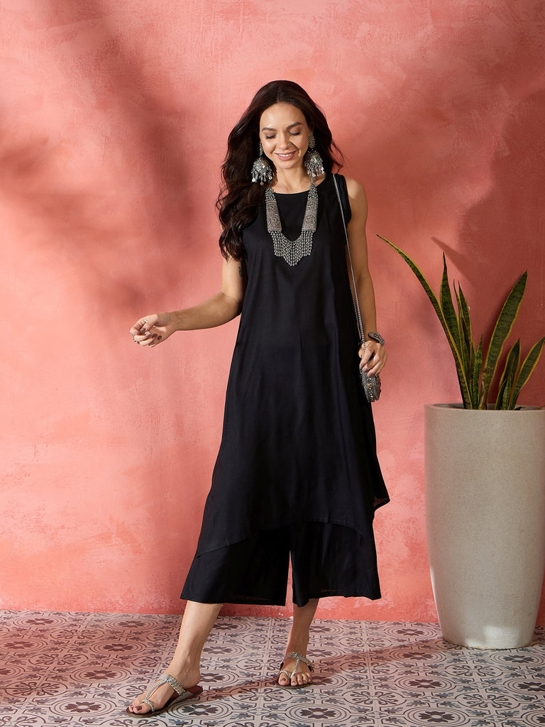 Women's Black Kurta Short Palazzo Set