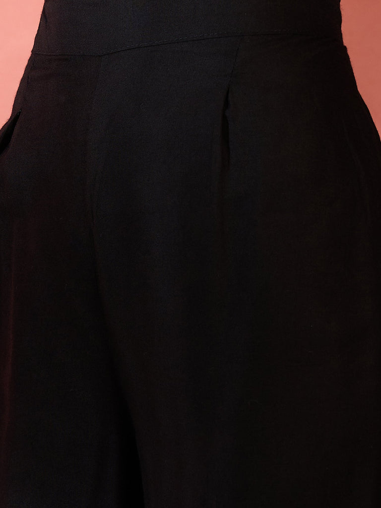 Women's Black Solid Flared Lace Kurta Pant Set