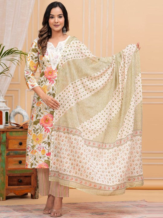 Women's Floral Printed Regular Pure Cotton Straight Kurta with Palazzos & With Dupatta