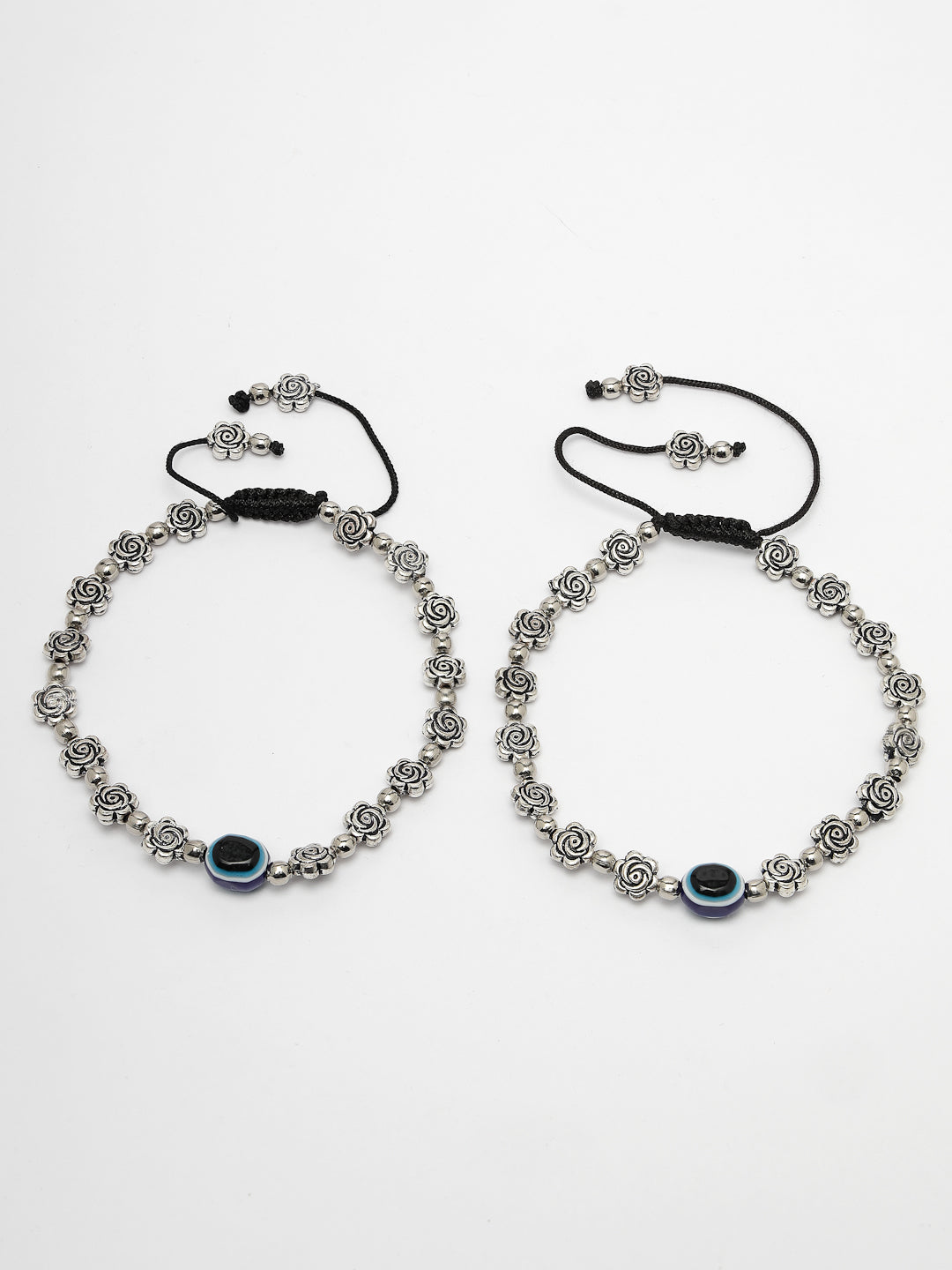 Women's Evil Eye Black Silver Plated Adjustable Anklets