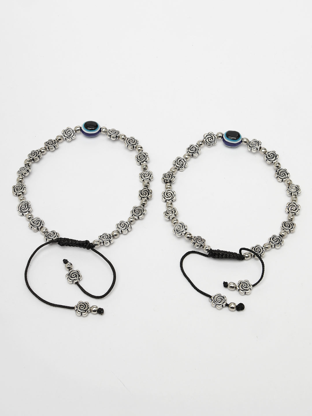Women's Evil Eye Black Silver Plated Adjustable Anklets