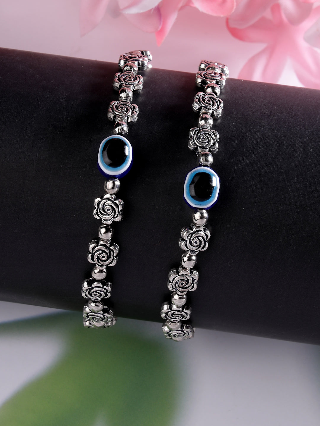 Women's Evil Eye Black Silver Plated Adjustable Anklets