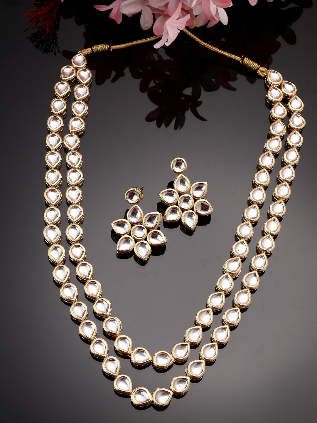 Women's Gold-Plated Kundan 2 layered handcrafted Jewellery Sets with drop earrings