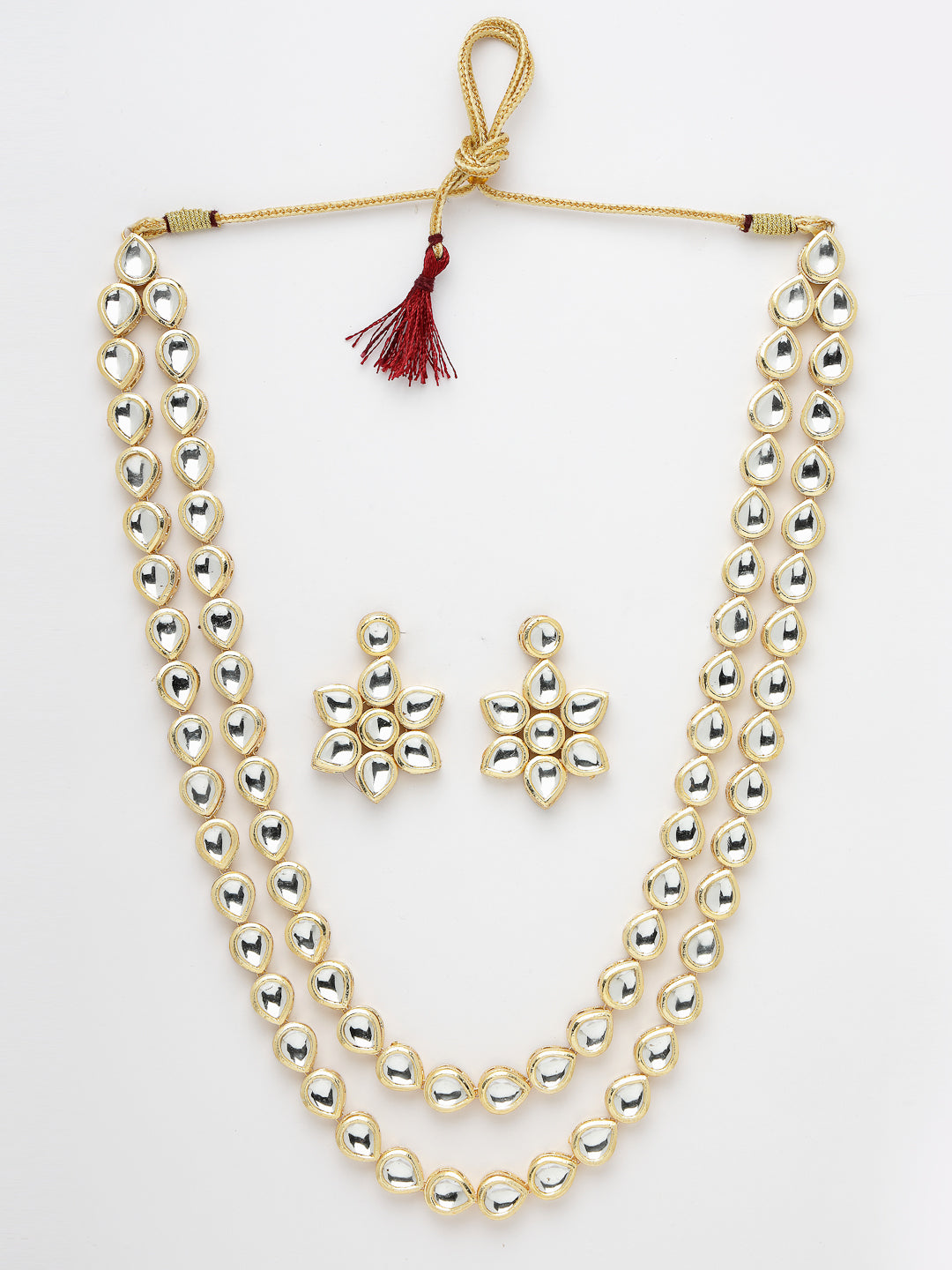 Women's Gold-Plated Kundan 2 layered handcrafted Jewellery Sets with drop earrings