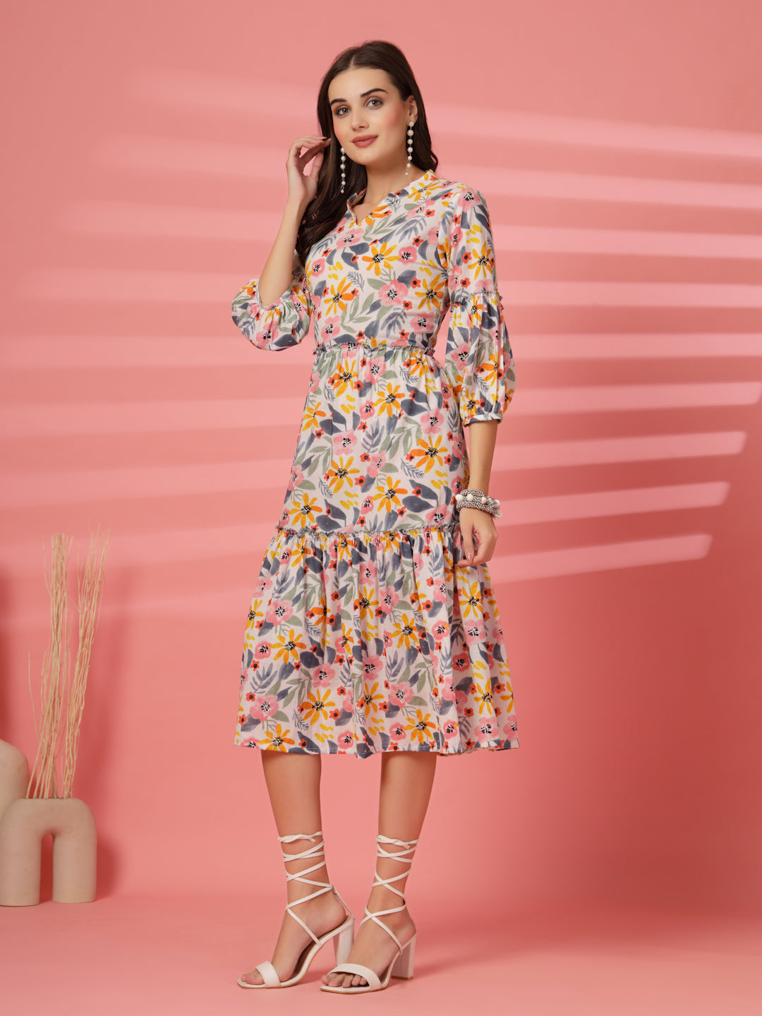 Women's Off White Cotton Floral Print Tiered and Flared A-Line Dress Off White / XXL | Trendia Global Women's Off White Cotton Floral Print Tiered and Flared A-Line Dress Off White / XXL | Trendia Global
