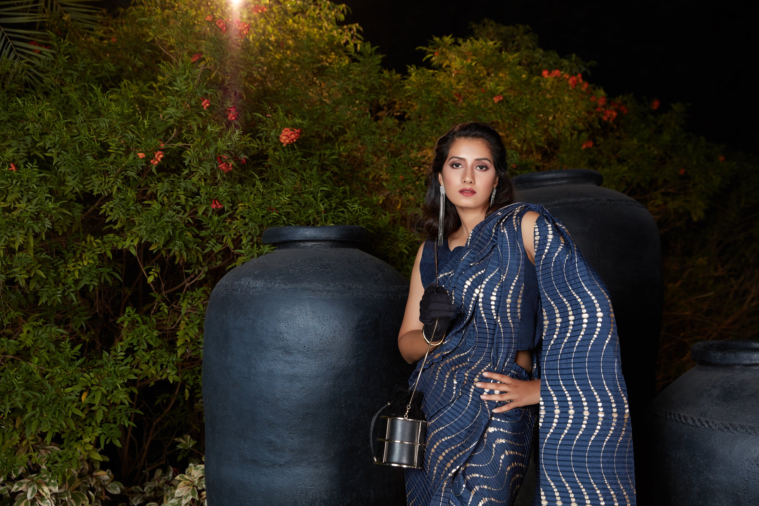 Women's Navy Blue Silk Foil Print With Plitting Saree - Shubhkala