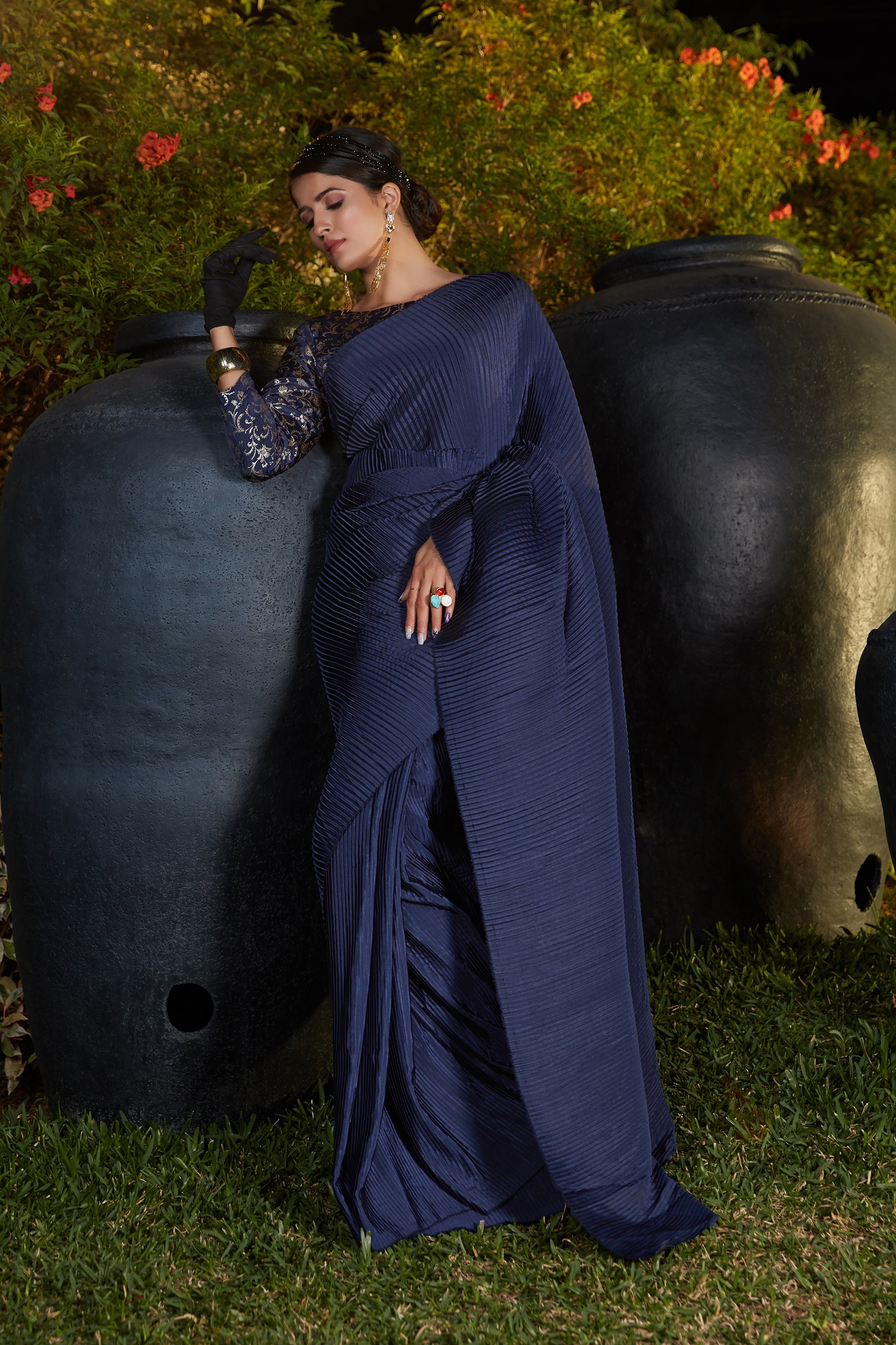 Women's Navy Blue Silk Plitting Saree - Shubhkala